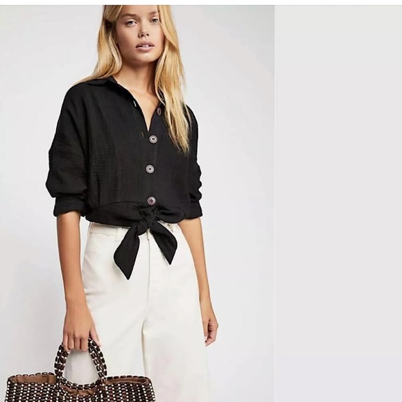 Free People  Sunstreaks Tie Front Shirt Top Black - Picture 7 of 8